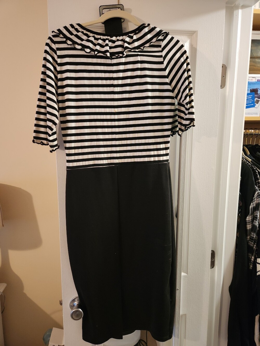 Black & White Striped Bodice Midi Dress with Ruffle Detail - Picture 2 of 3